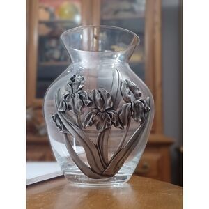 Seagull IRIS 1992 Nova Scotia Canada Vintage Pewter Overlay Clear Art Glass Vase